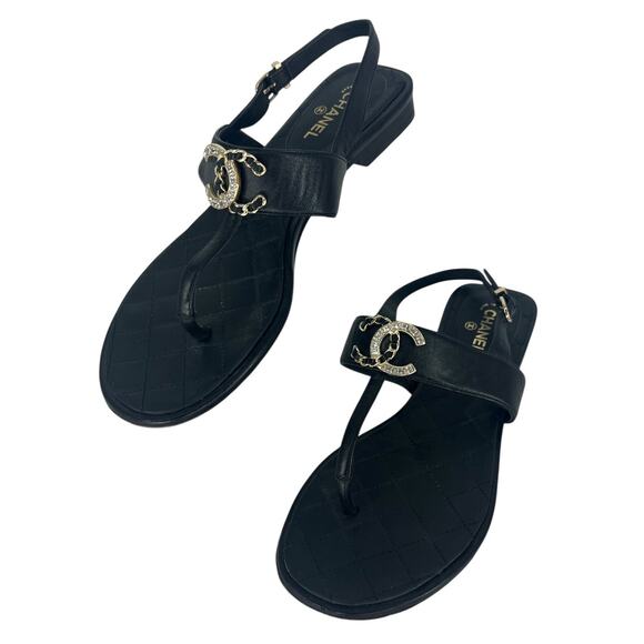 Chanel 2021 Interlocking CC Chain and Crystal Logo Slingback Sandals in Black - Picture 1 of 16